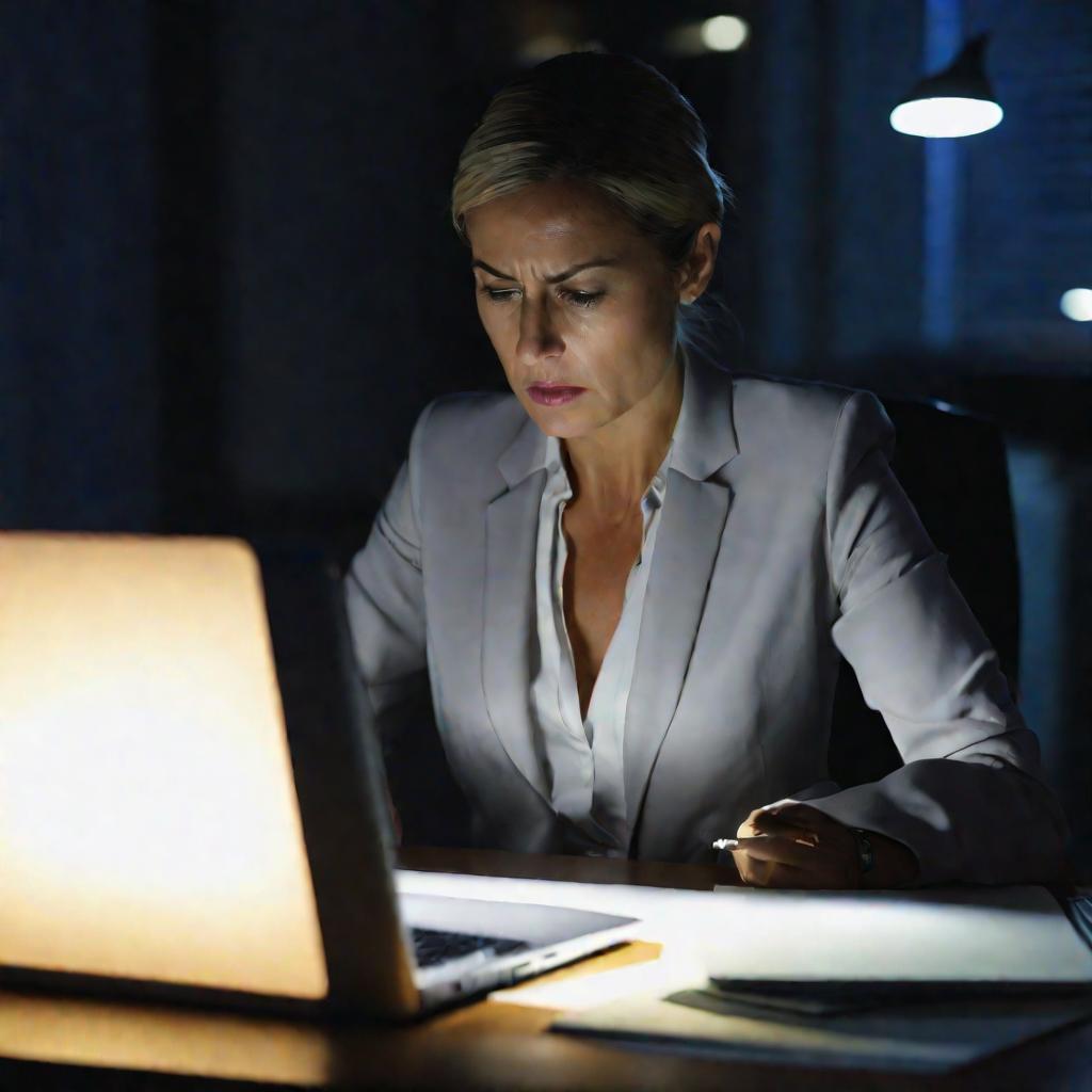 Женщина-бизнесмен, набирающая на ноутбуке юридические документы ночью перед дедлайном