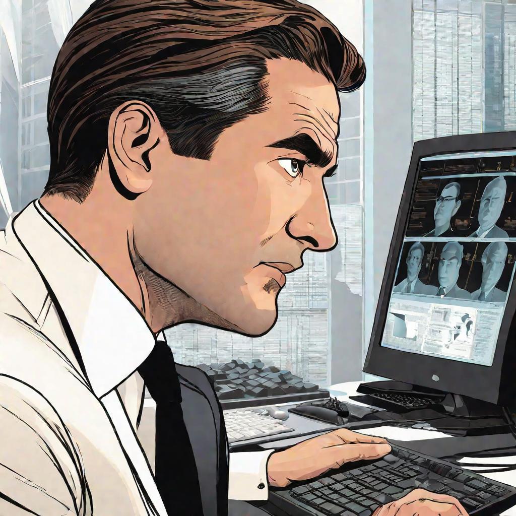 Портрет мужчины-офисного работника в костюме, сосредоточенно работающего за компьютером