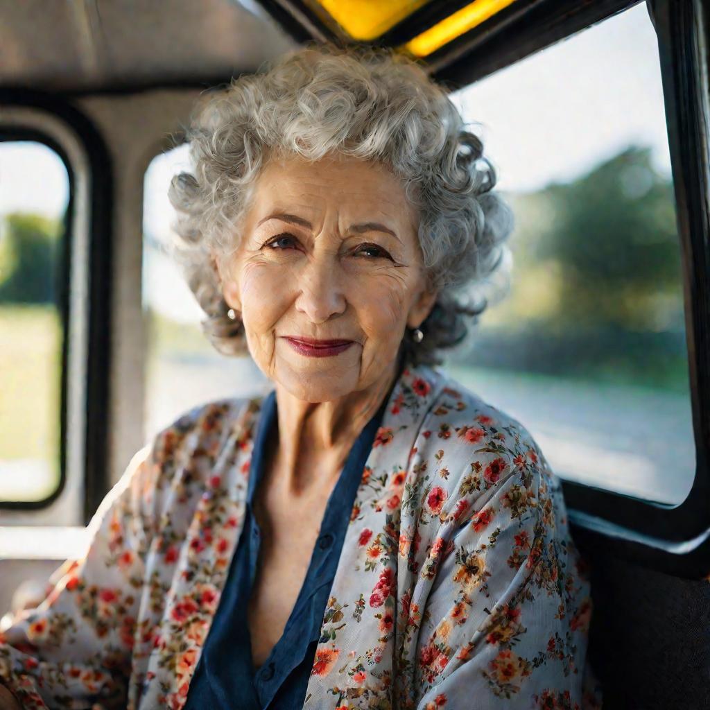Пожилая женщина смотрит в окно автобуса и улыбается.