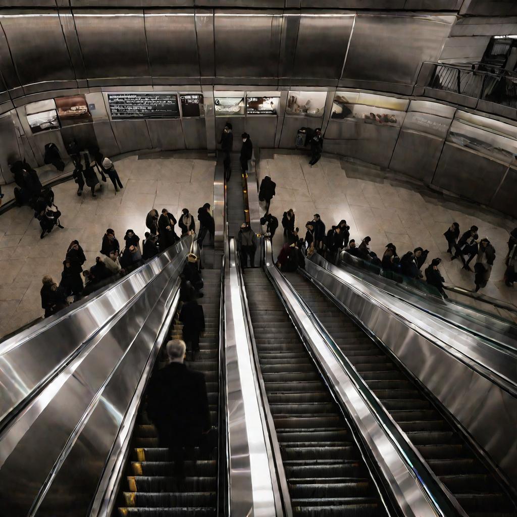Люди спускаются по эскалатору метро на станцию.