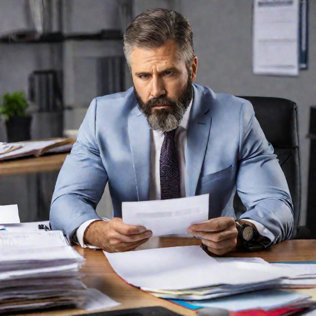 Портрет мужчины-бухгалтера за рабочим столом, держащего документ и ручку
