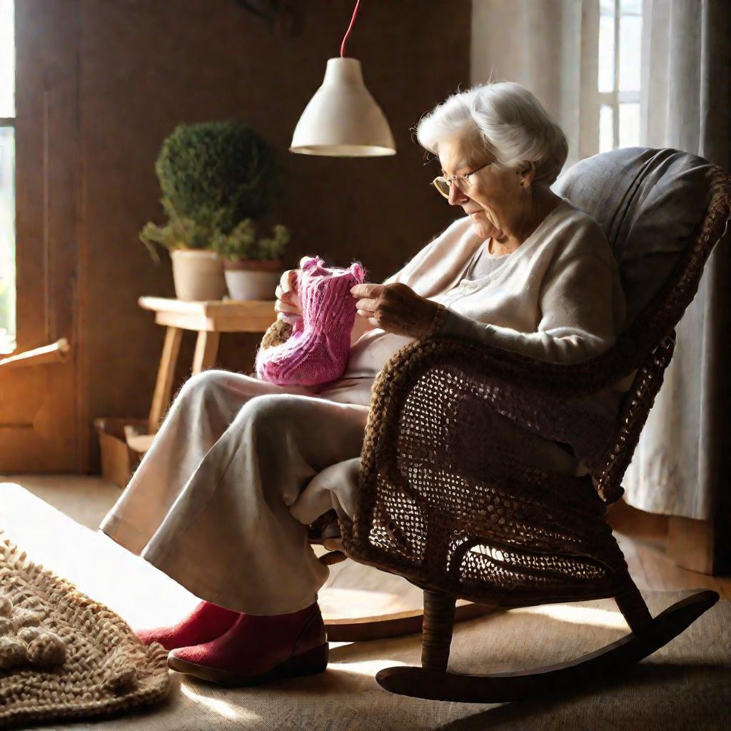 Бабушка вяжет носочки на декрете по уходу за внуком