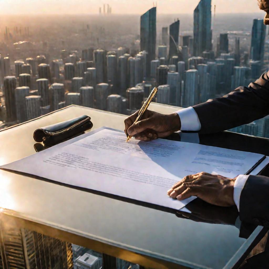 Бизнесмен на крыше небоскреба подписывает контракт на фоне города