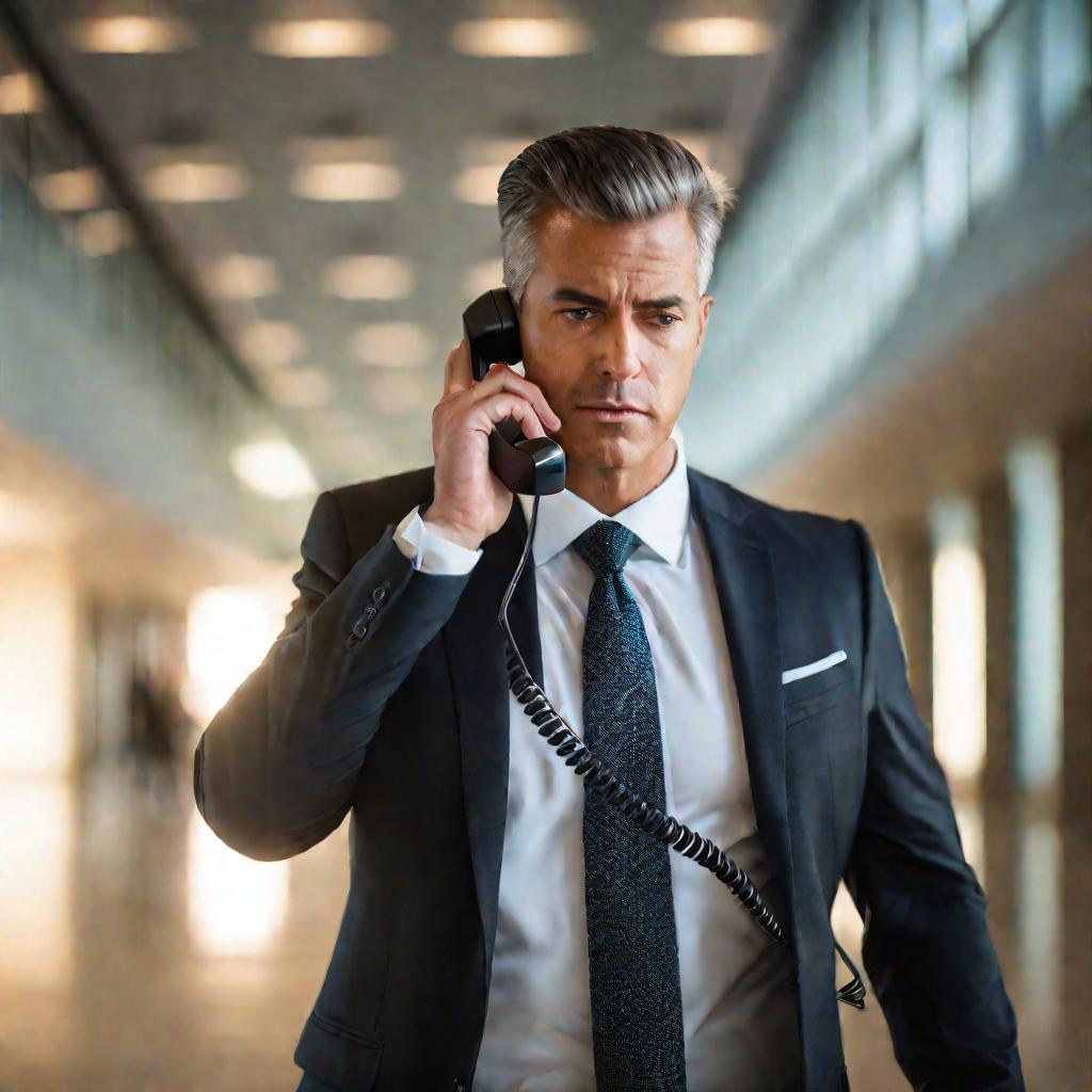 Адвокат в костюме и галстуке стоит в светлом коридоре суда и серьезно разговаривает по телефону