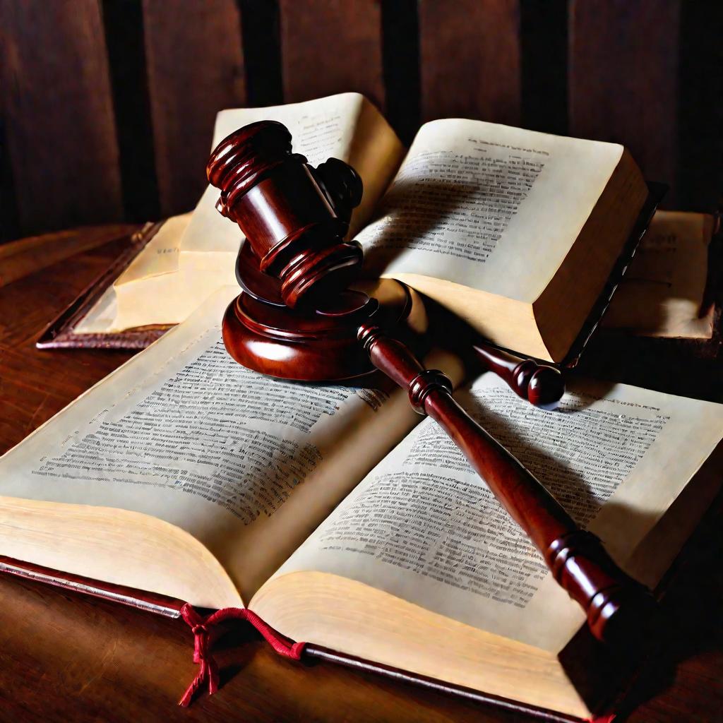Подробное изображение открытой книги законов и деревянного молотка на темном деревянном столе в зале суда