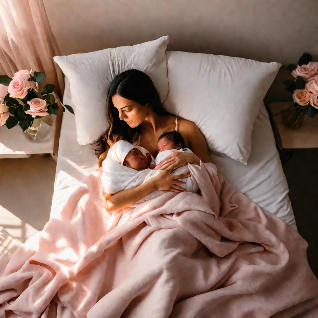 Женщина на больничной кровати держит на руках новорожденного ребенка, завернутого в мягкое белое одеяло