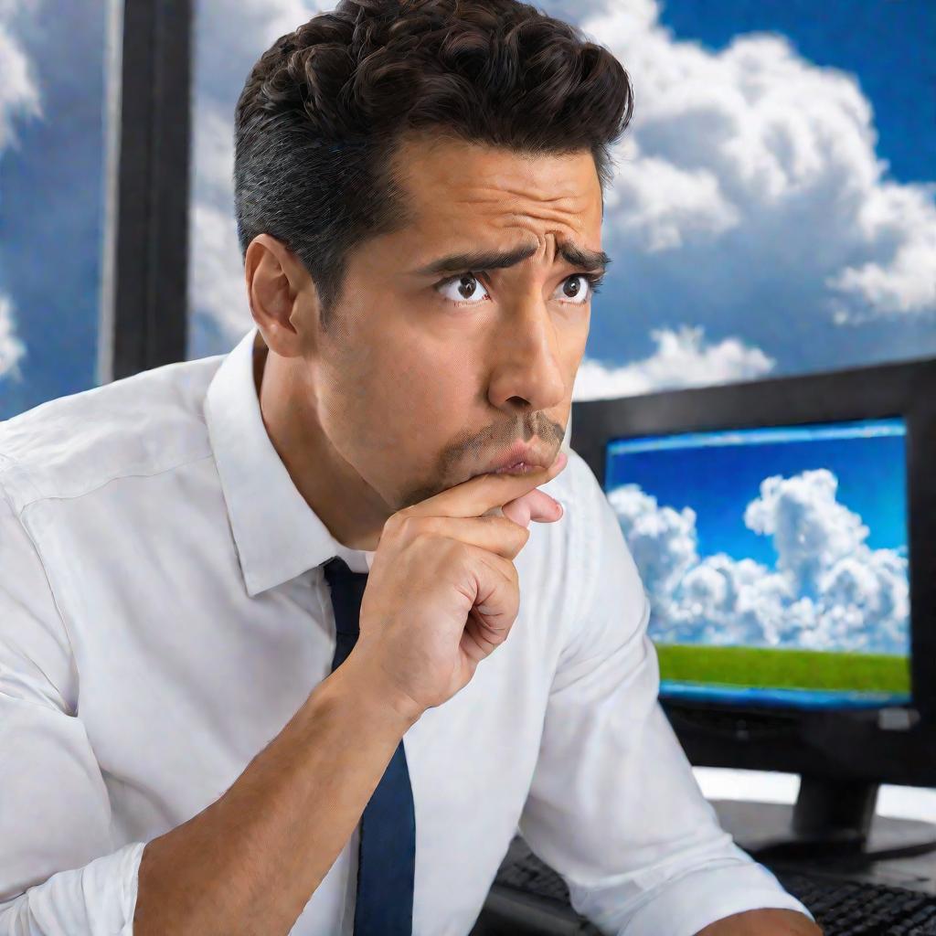 Портрет озадаченного мужчины, смотрящего на экран компьютера