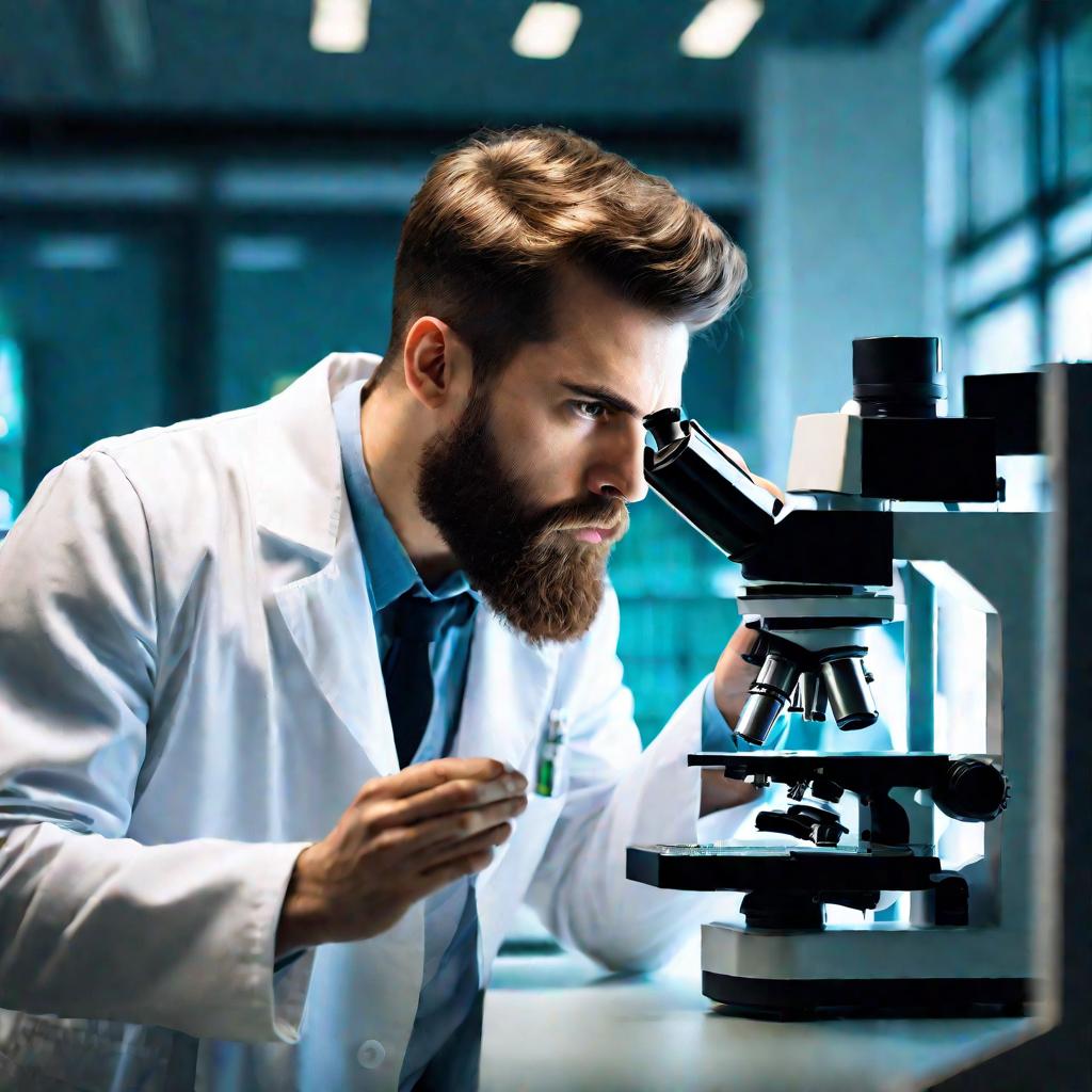 Мужчина исследует образец в микроскопе