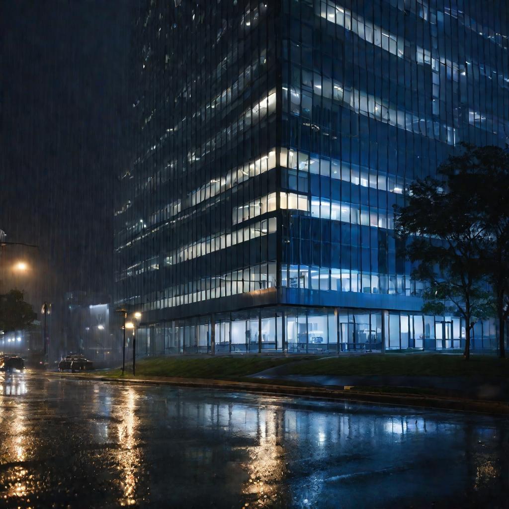 Офисное здание ночью во время дождя