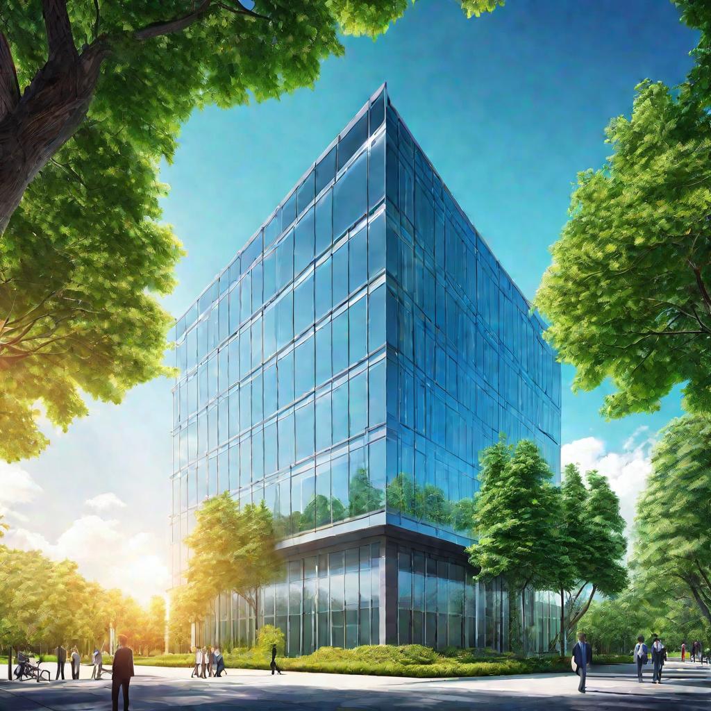 Высокое современное офисное здание с остеклением, солнечный день, люди идут по тротуару на переднем плане, зеленые деревья и голубое небо на заднем фоне создают яркую атмосферу, сверхдетализированное изображение