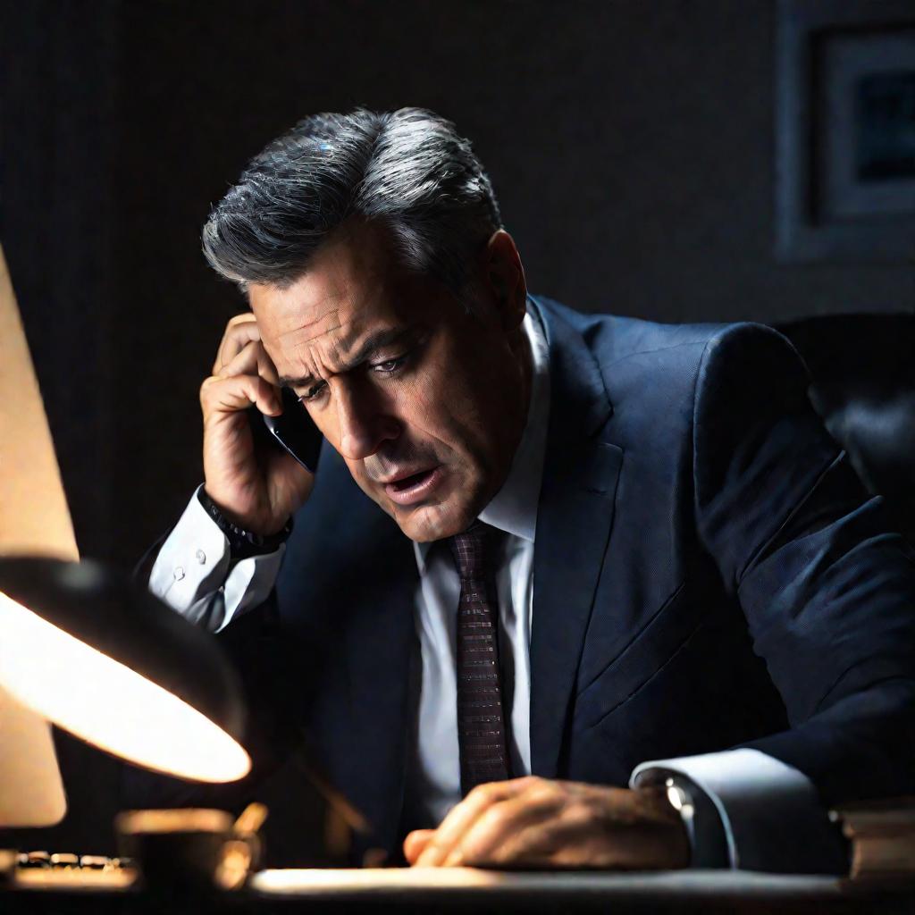 Портрет обеспокоенного мужчины по телефону ночью в офисе