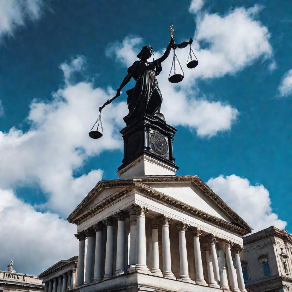 Статуя Фемиды у здания суда на фоне голубого неба