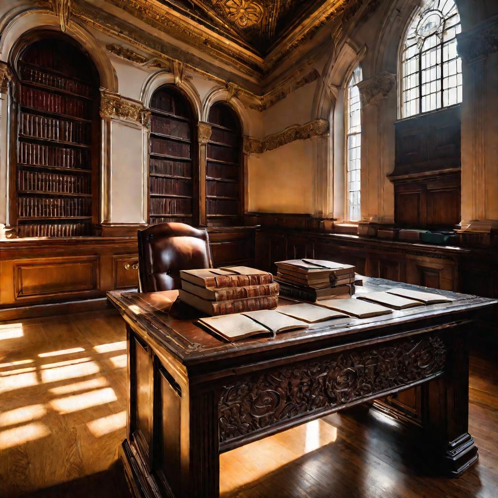 Стол в суде с книгами и документами