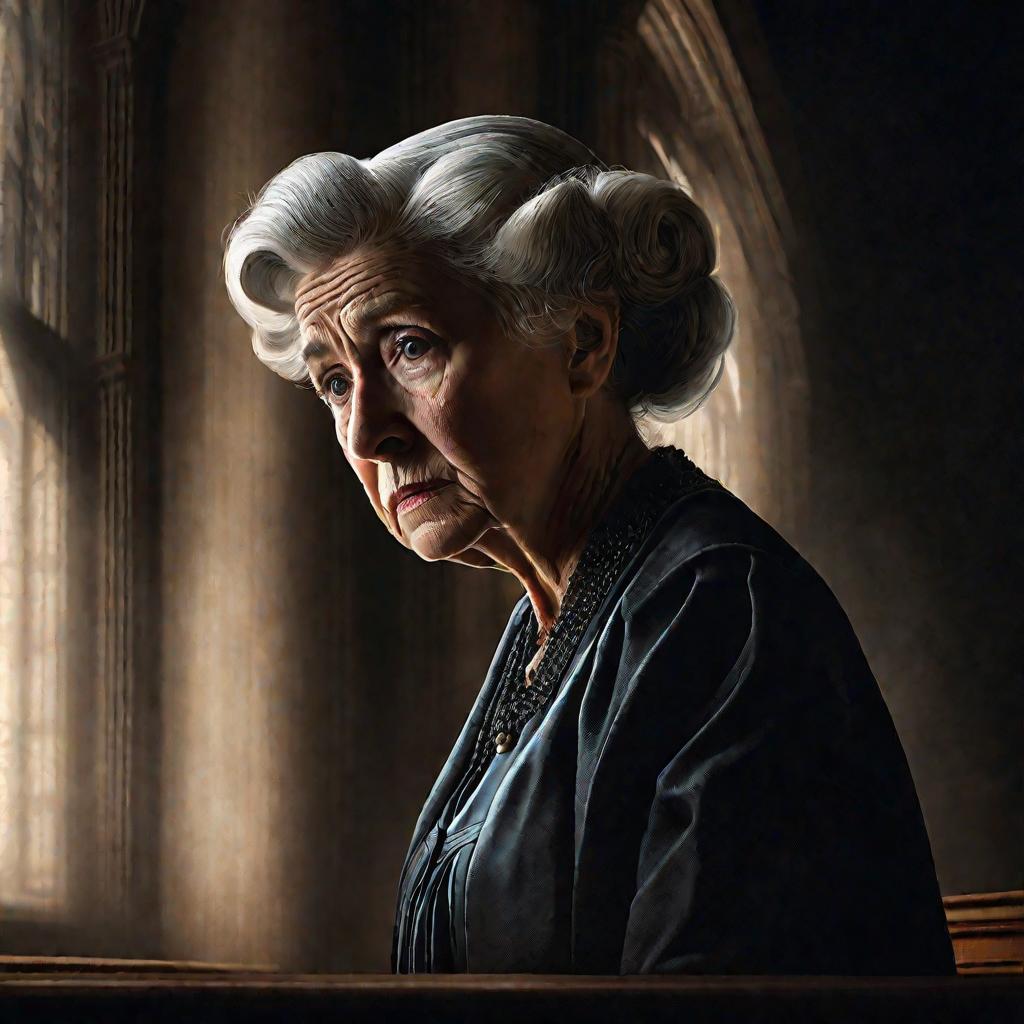 Пожилая леди задумчиво смотрит в окно суда