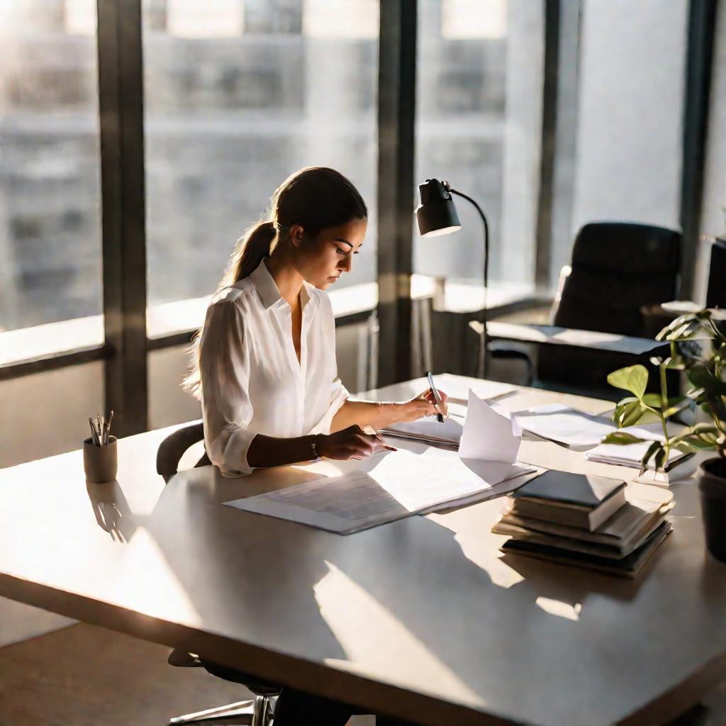 Женщина в светлой блузке заполняет бумаги за столом в офисе