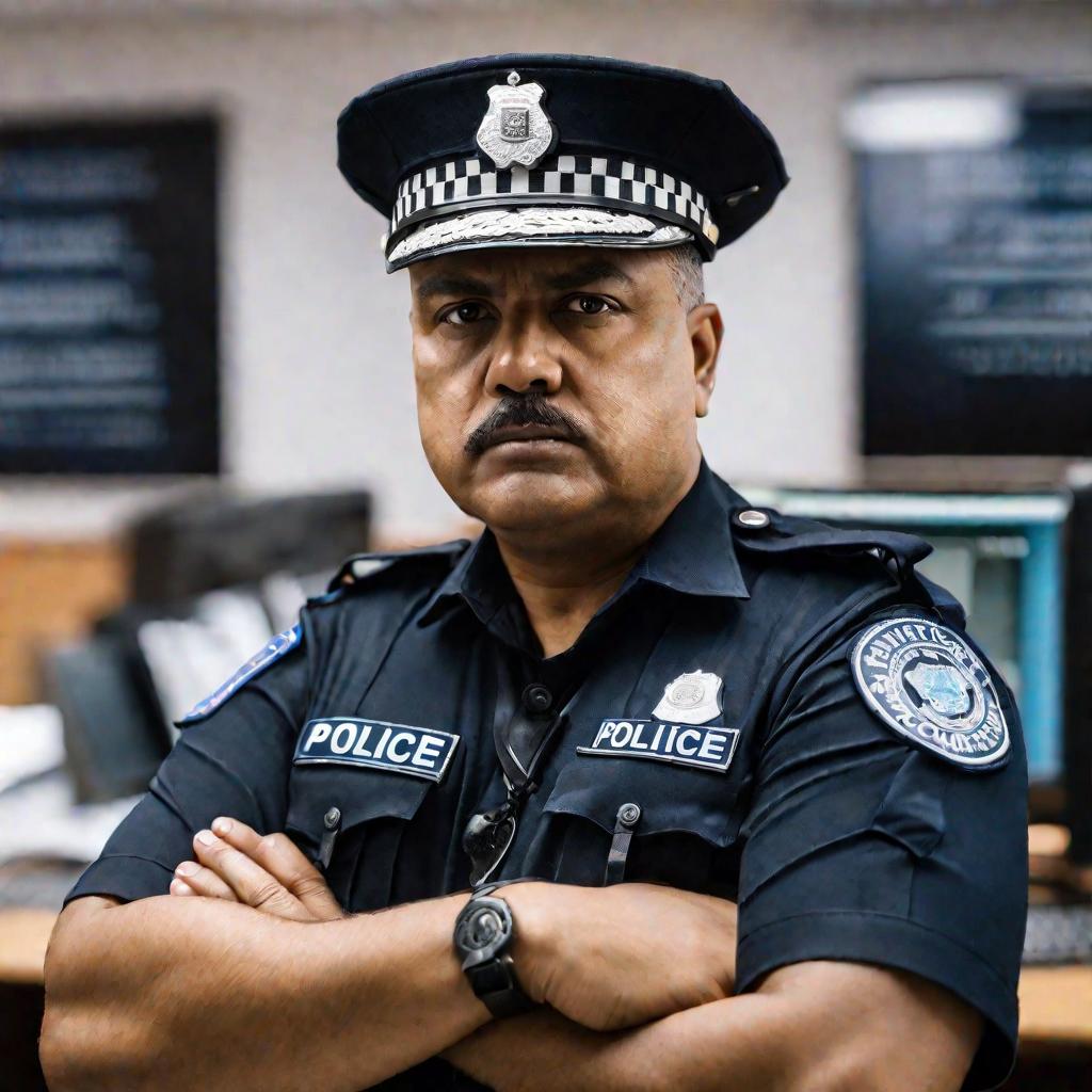 Крупный портрет полицейского инспектора в форме с суровым выражением лица, стоящего со скрещенными на груди руками перед логотипом на стене отделения полиции. Размытый фон показывает проходящих мимо столов с компьютерами полицейских. Сцена передает напряж