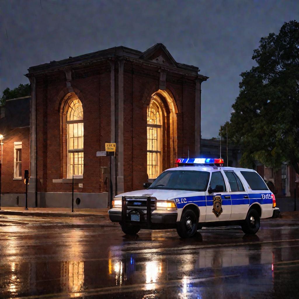 Общий план отделения полиции на закате. Из окон старого кирпичного здания исходит теплый свет. По дороге перед отделением, залитой дождем, проезжает полицейская машина.