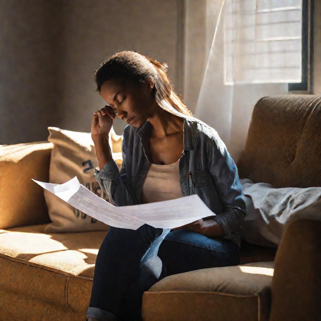 Женщина на диване читает письмо о взыскании денег из зарплаты