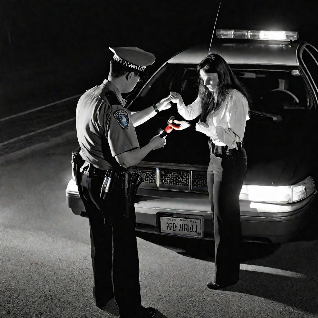 Полицейский ночью проверяет трезвость водительницы