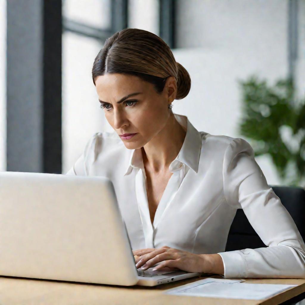 Крупный портрет деловой женщины, работающей за ноутбуком на минималистском столе в ярко освещенном офисе. Сосредоточенная женщина просматривает на компьютере конфиденциальные файлы с обеспокоенным выражением лица на размытом мягком фоне.