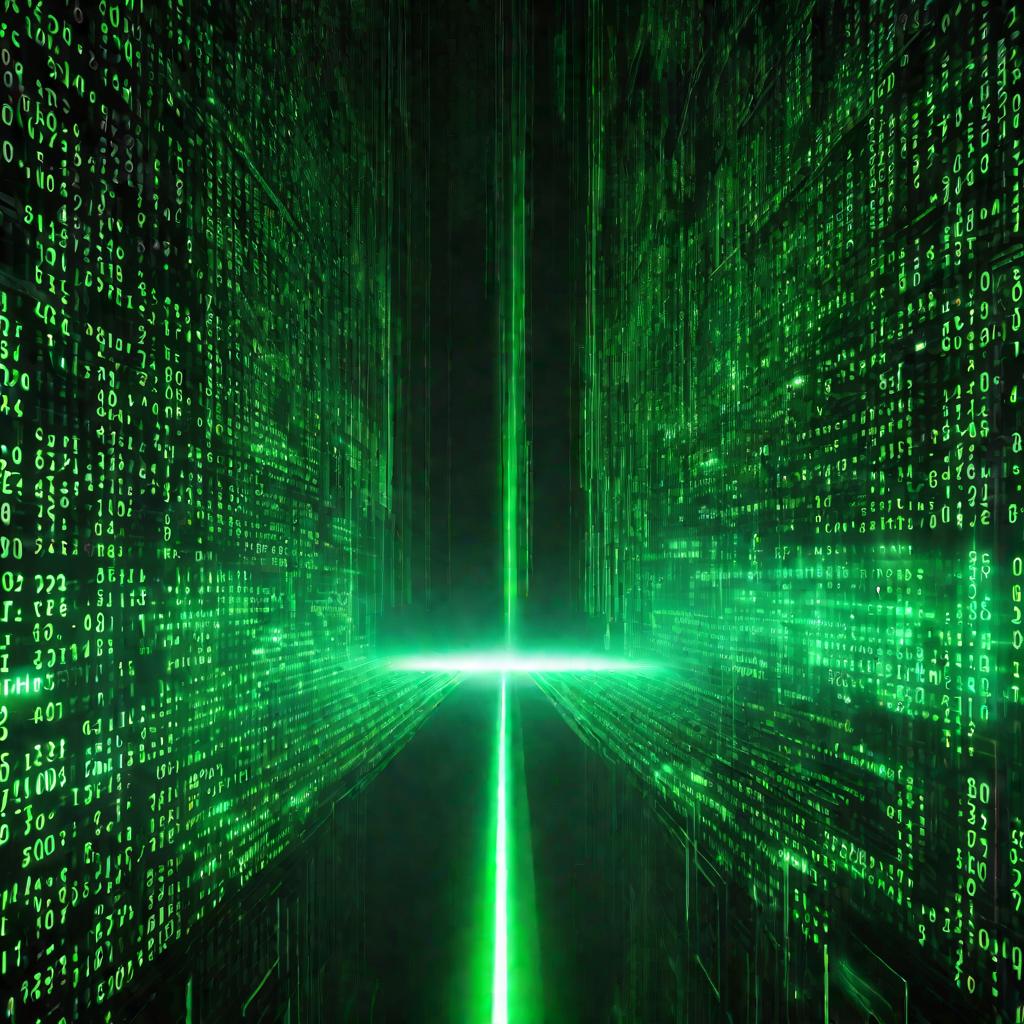 Темное туманное киберпространство, по которому с большой скоростью летят сканы и цифровые данные. Ярко светящиеся зеленые коды и цифры представляют собой украденную личную информацию и конфиденциальные файлы, утекающие в интернет.