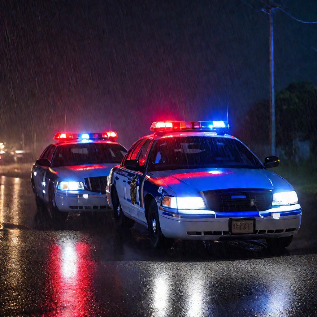 Полицейские расследуют преступление ночью под дождем
