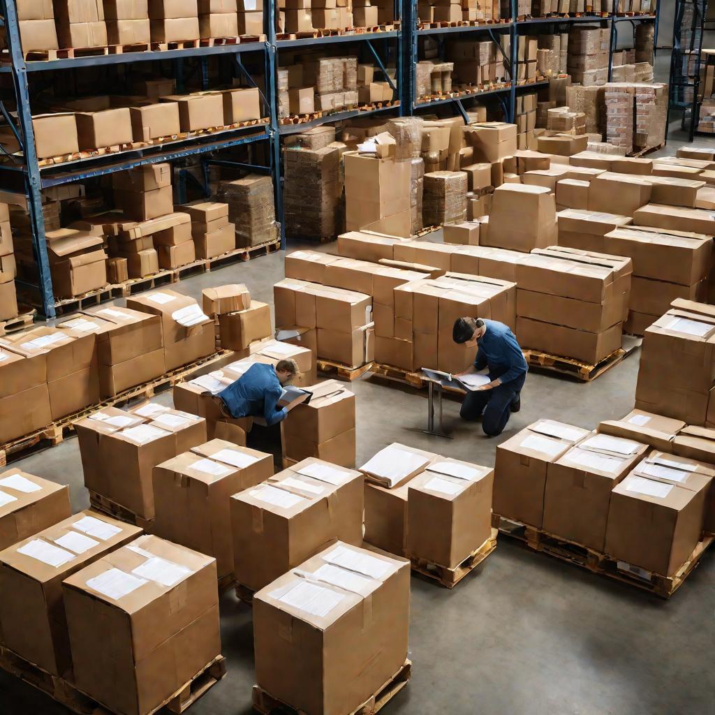 Комиссия инвентаризации подсчитывает коробки с товарами на складе