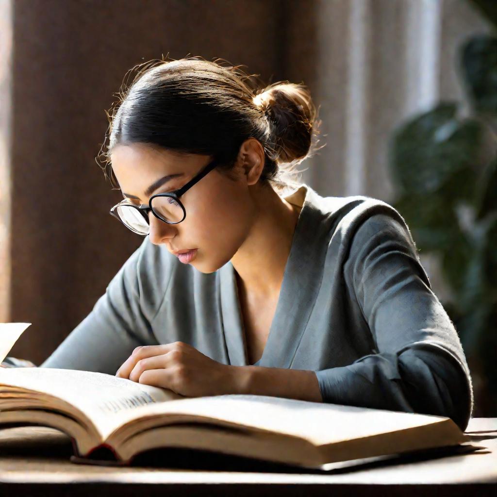 Девушка читает книгу в очках