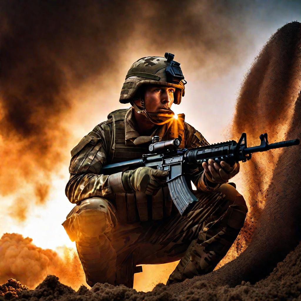 Солдат в окопе с лазерной винтовкой