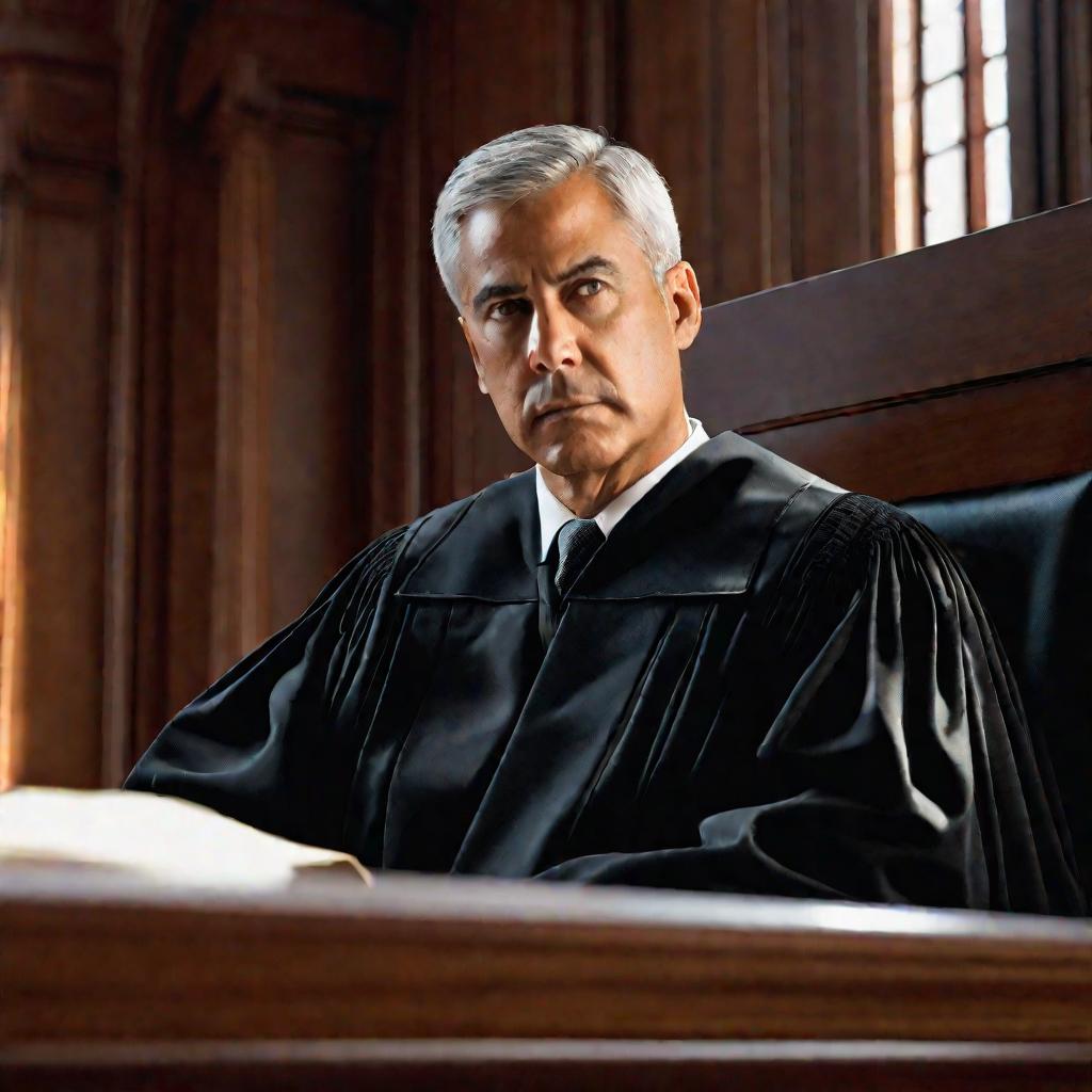 Судья в мантии с серьезным выражением лица на рабочем месте в зале судебного заседания