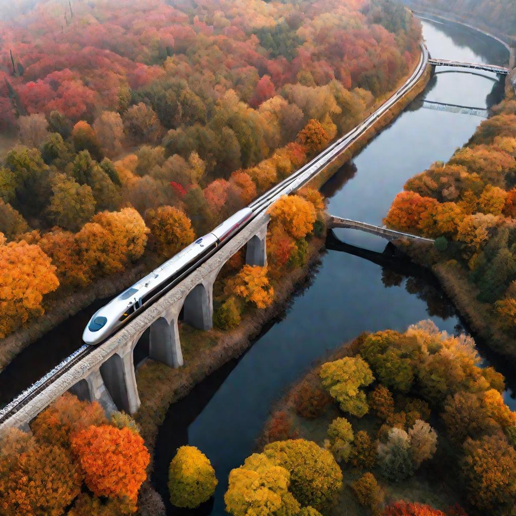 Высокоскоростной поезд на мосту осенью