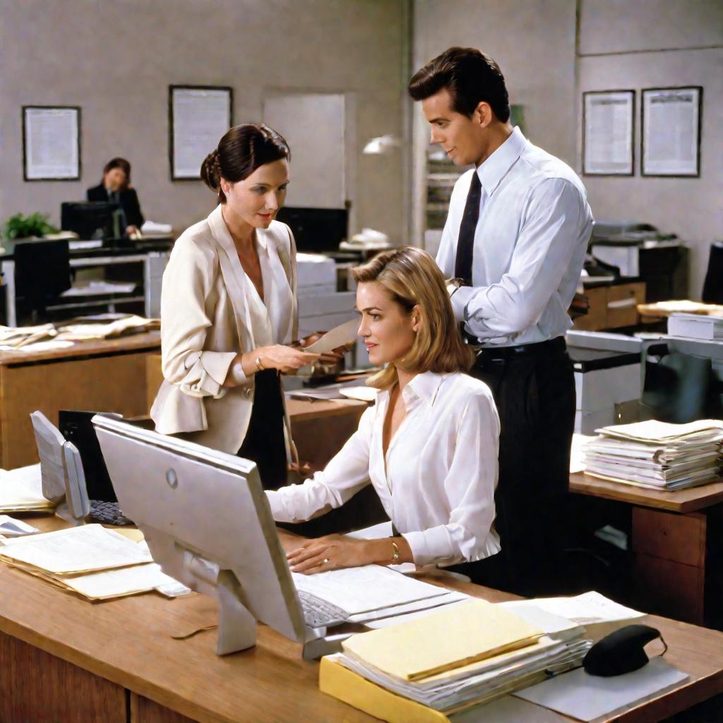 Женщина и мужчина в офисе с бумагами