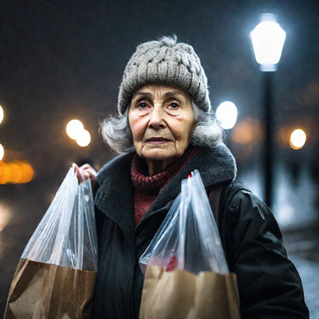 Пожилая женщина на улице зимой