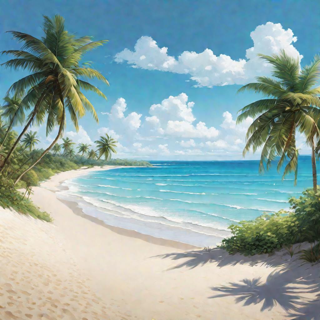 широкий пляж с пальмами, ведущий к спокойному морю на горизонте