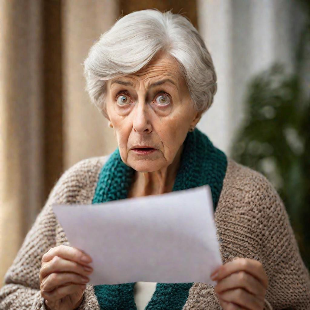 Обеспокоенная пенсионерка с бумагой в руках