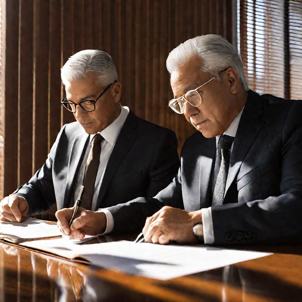Двое мужчин в костюмах подписывают бумаги в офисе у окна со жалюзи
