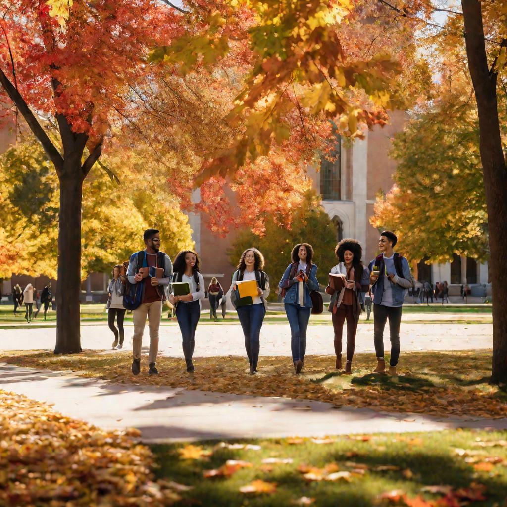 Группа студентов идет по территории нового университета, на деревьях красивая осенняя листва, все выглядят радостными