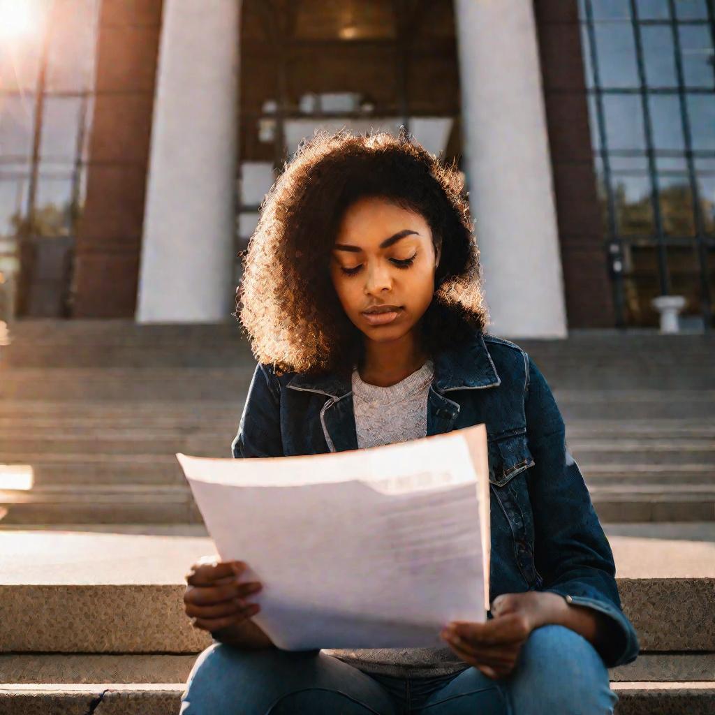 Девушка-студентка сидит на ступеньках здания университета и держит в руках письмо о переводе, на лице отражаются разные эмоции