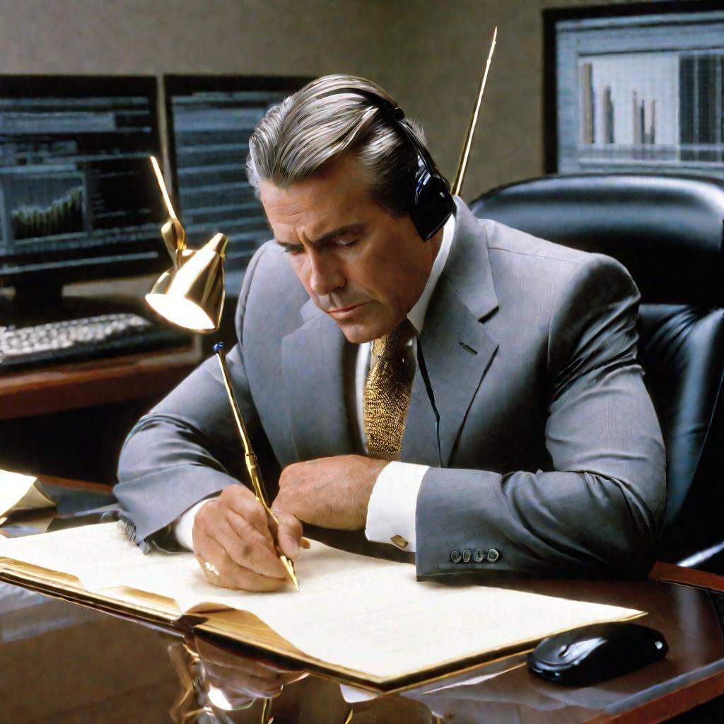 Бизнесмен в офисе подписывает бумаги золотой ручкой