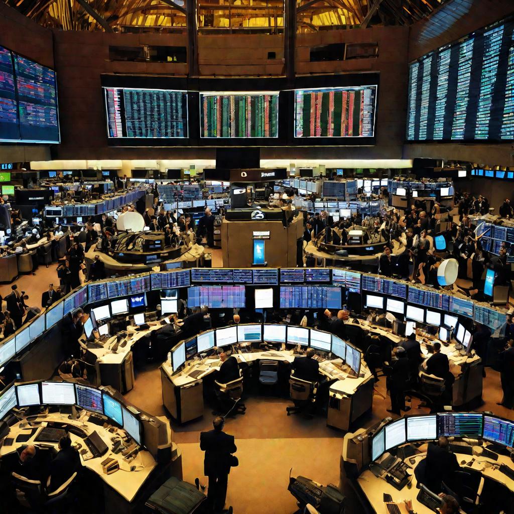 Торговый зал фондовой биржи в разгар торгов