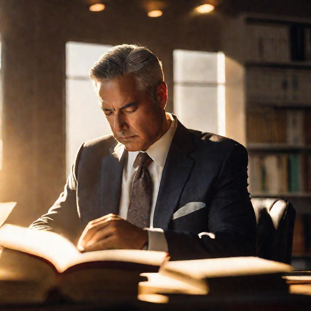 Мужчина читает книгу в офисе