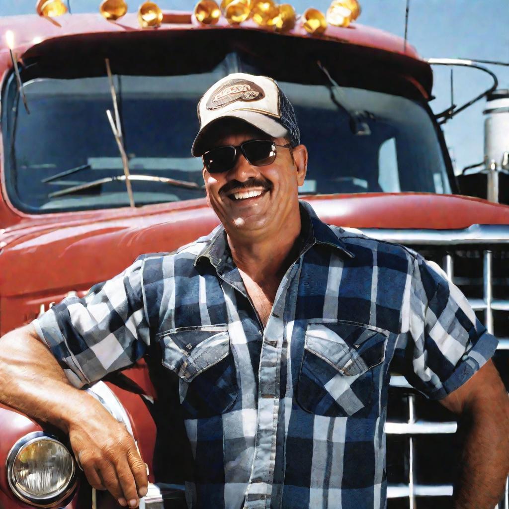 Портретный снимок водителя-дальнобойщика, гордо стоящего перед своим грузовиком с легкой улыбкой на лице. На нем джинсы, клетчатая рубашка и бейсболка. Позади него возвышается огромная решетка радиатора грузовика с массивными колесами.