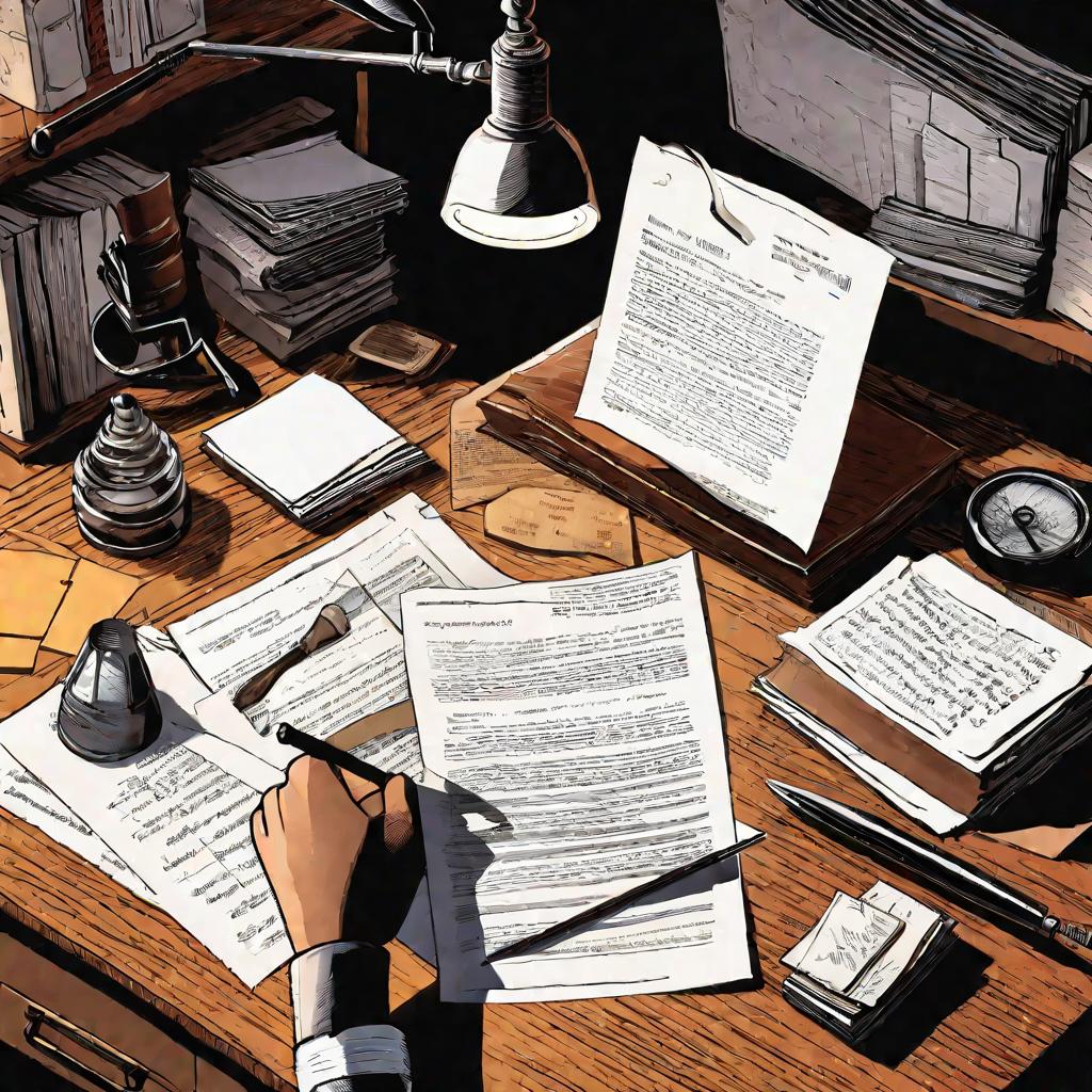 Детектив с лупой изучает образец почерка на рабочем столе при свете настольной лампы