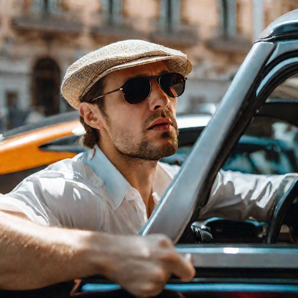 Портрет растерянного водителя в машине на дорогой парковке в центре Москвы