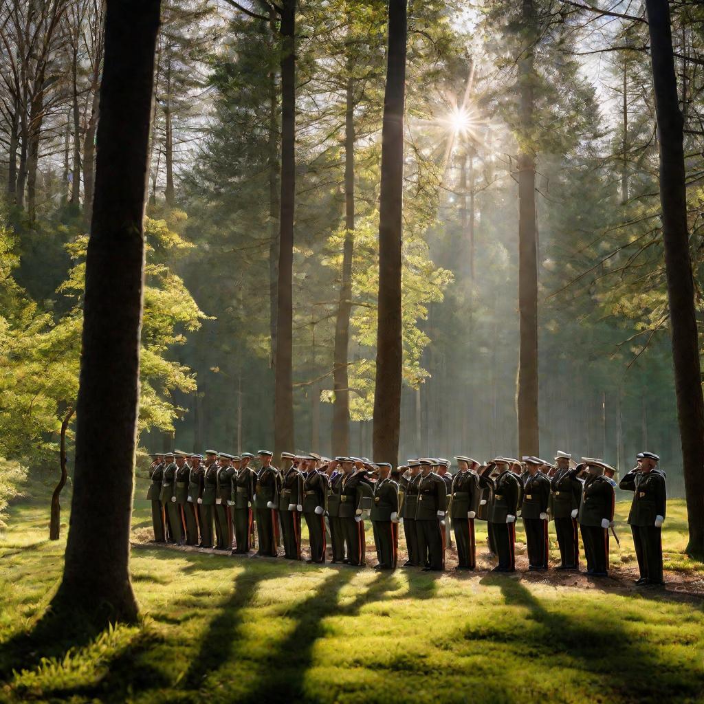 Солдаты на поляне в лесу отдают честь командиру