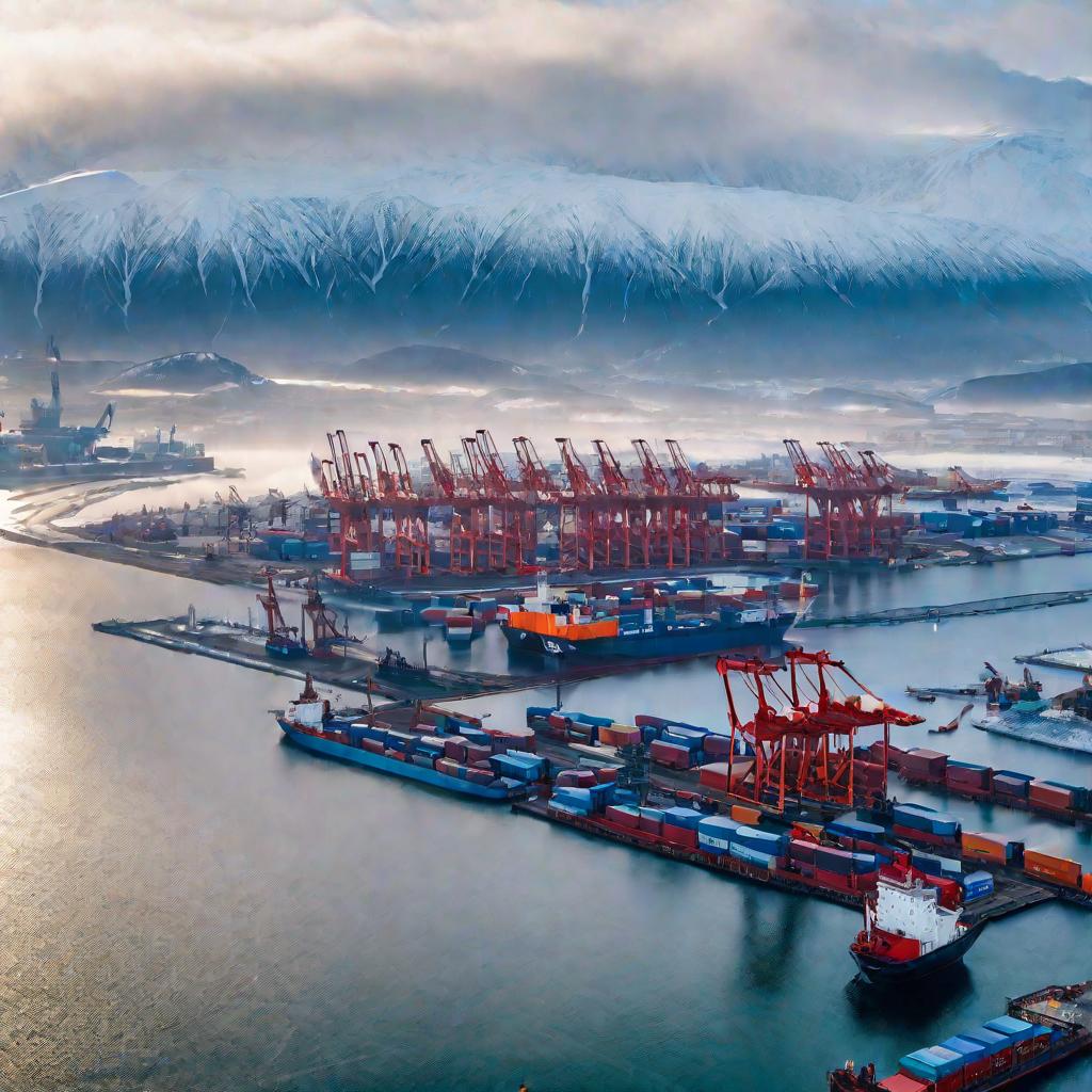 Широкий кинематографичный вид сверху на порт с кораблями, трубопроводами и нефтяными вышками в море рядом с береговой линией Арктики и снежными горами на заднем плане в туманное утро ранней зимы.