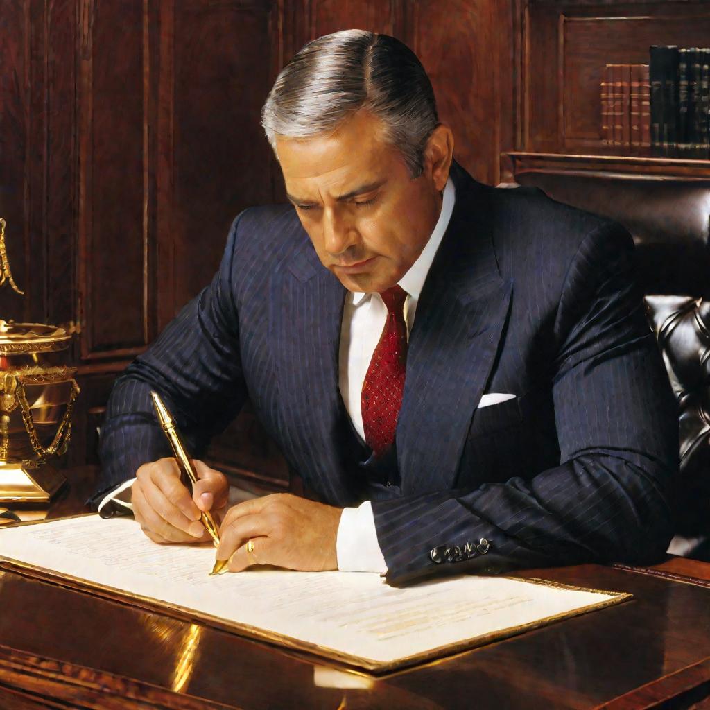 Мужчина в костюме за большим деревянным столом в офисе подписывает важный документ золотой ручкой