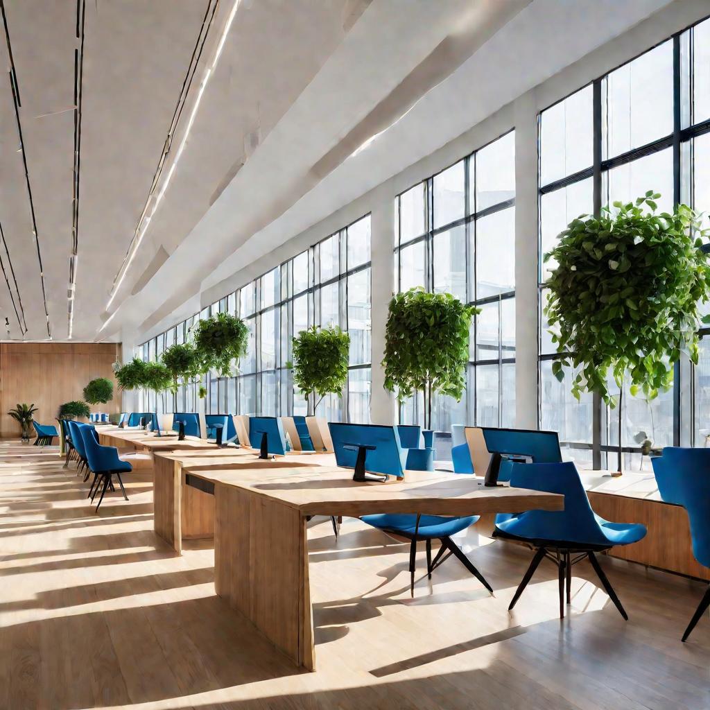 Современный светлый офис, меблированный деревянными столами и синими стульями, готовый для работы субарендаторов