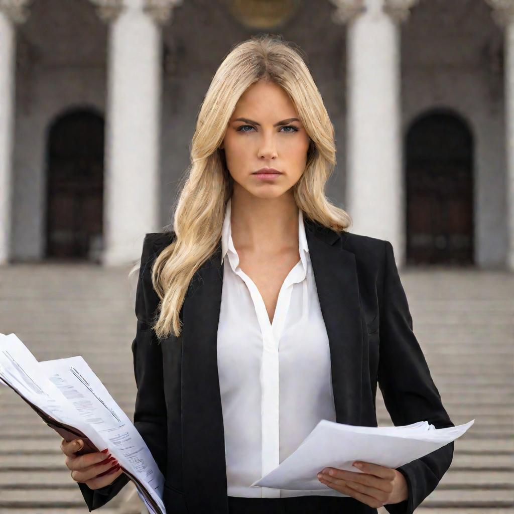 Блондинка-юрист с серьезным решительным выражением лица держит стопку документов, готовясь доказать их легитимность в суде