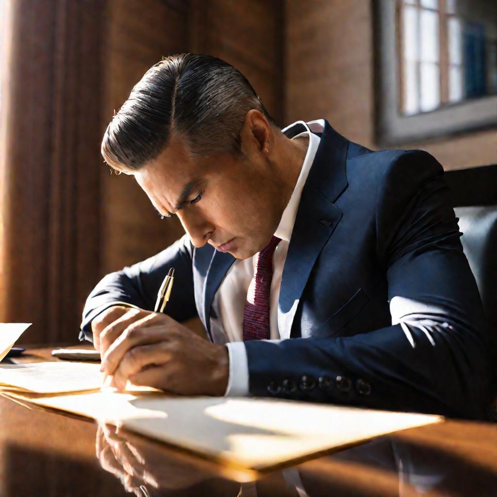 Портрет мужчины в костюме, подписывающего документы за столом в офисе